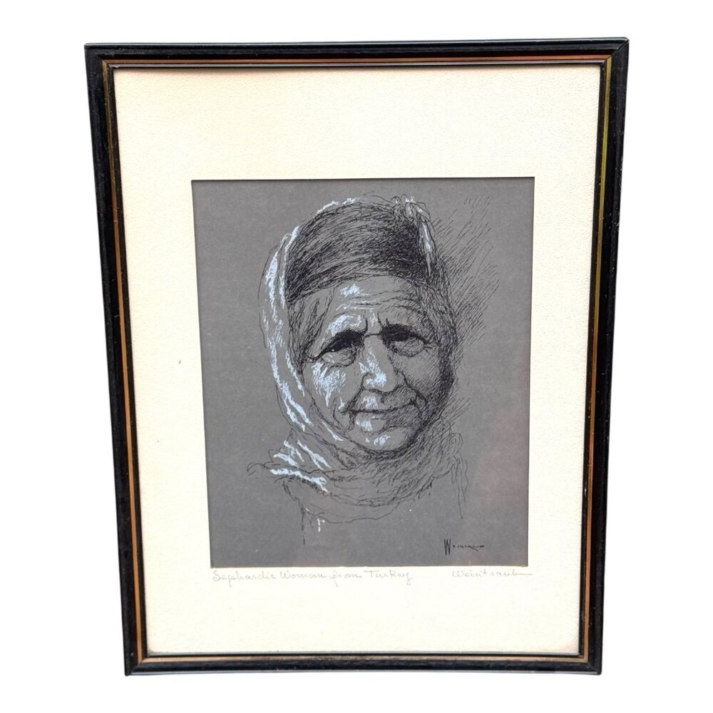 Authentic Vintage Weintraub from Turkey Portrait Sketch Framed Art Turkish Woman